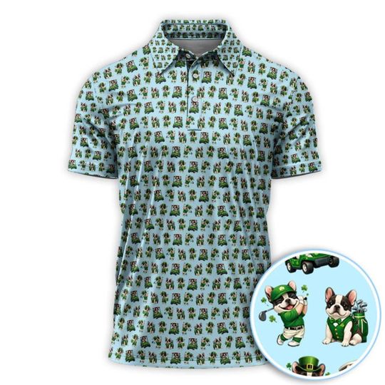 Discover Funny French Bulldog Pattern Golf Shirt, St. Patricks Day Dog Golf Polos, Golf Gift For Golfer