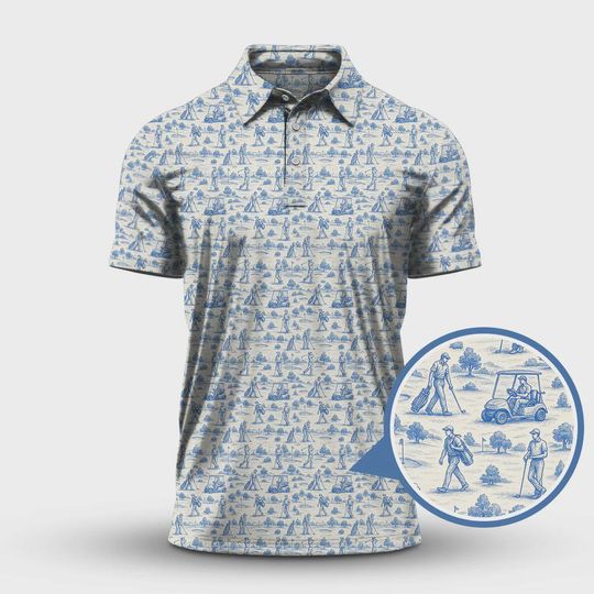 Discover Toile de Jouy Golf Shirt for Men, Crazy Golf Pattern Polo, Funny Golf Shirt, Golf Gift for Golfer