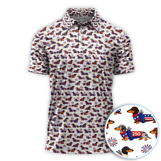 Dachshund Golf Polo Shirt, Patriotic Wiener Dog America 250th Anniversary Golf Gift, America 250 Shirt