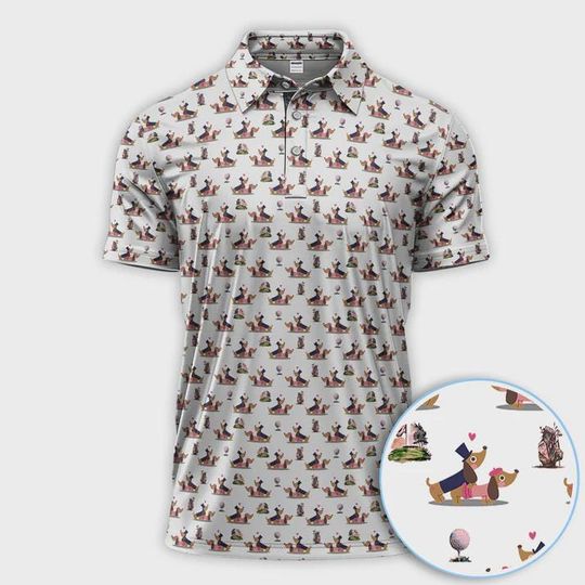 Discover Dachshund Love Pattern Golf Polo, Valentine Wiener Dog Golf Shirt, Cute Romantic Dog Print, Funny Golf Polo Gift