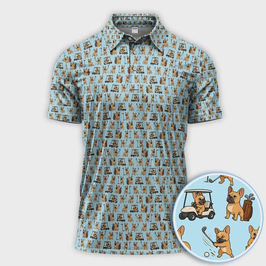 Discover Frenchie Dog Print Golf Shirt, Cute Dog Pattern Shirt With Golf Cart, Best Golf Wear Gift