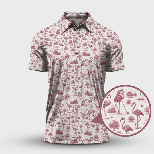 Flamingo Golf Shirt Toile De Jouy Style, Funny Pattern Golf Shirt For Men, Crazy Golf Polo