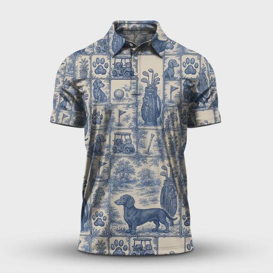 Discover Dachshund Toile de Jouy Golf Polo For Men, Wiener Dog Pattern Golf Shirt, Toile Style Golf Polo