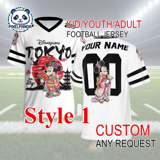 Discover Minnie Tokyo Football Jersey  Custom Name and Number Shirt for Kids Youth Adult Japan Disney Family Trip
