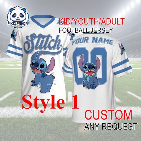 Discover Stitch Football Jersey Custom Name & Number  Cute Blue Cartoon Kid Youth Adult Personalized Game Day Shirt