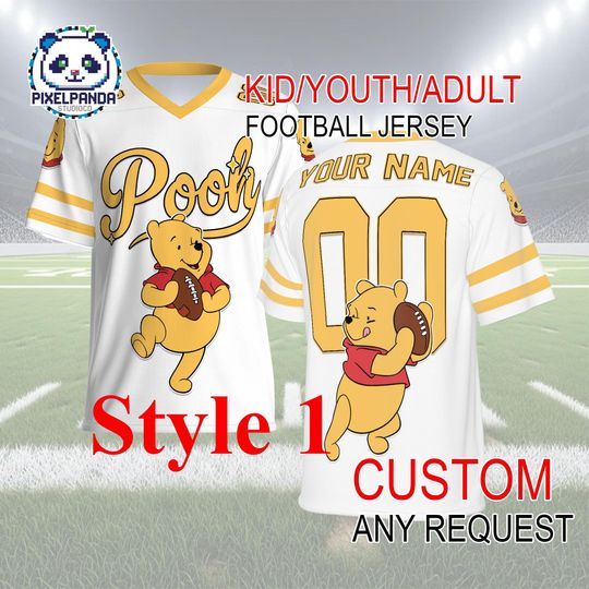 Discover Pooh Running Football Jersey  Custom Name and Number Shirt for Kids Youth Adult Disney Game Day