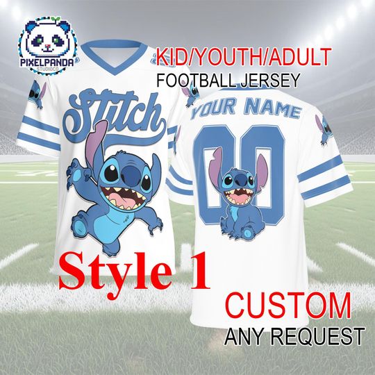 Discover Stitch Football Jersey  Custom Name and Number Shirt for Kids Youth Adult Disney Family Trip
