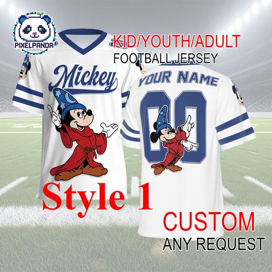 Discover Sorcerer Mickey Football Jersey  Custom Name and Number Shirt for Kids Youth Adult Disney Family Trip