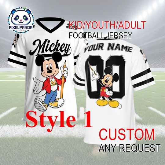 Discover Mickey Teacher Football Jersey  Custom Name and Number Shirt for Kids Youth Adult Disney School Theme