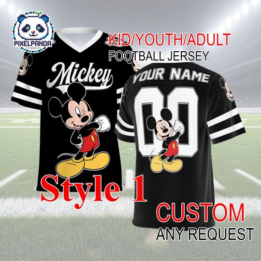Discover Classic Mickey Football Jersey  Custom Name and Number Shirt for Kids Youth Adult Disney Outfit