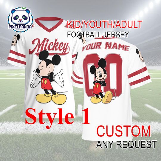 Discover Mickey Mouse Football Jersey  Custom Name Number Shirt for Kids Youth Adult