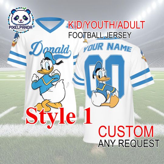 Discover Donald Duck Personalized Football Jersey  Custom Name and Number Shirt for Kids Youth Adult