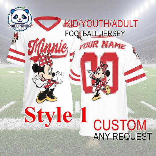 Discover Minnie Mouse Personalized Football Jersey  Custom Name Number Shirt for Kids Youth Adult
