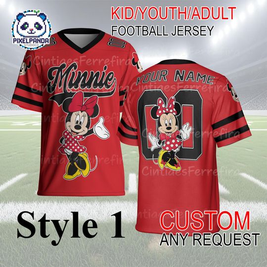 Discover Minnie Mouse Football Jersey Custom Name & Number  Disney Kid Youth Adult Personalized Game Day Shirt