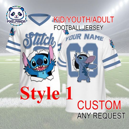 Discover Stitch Football Jersey Custom Name & Number  Blue Cartoon Kid Youth Adult Personalized Game Day Shirt