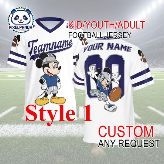 Discover Mickey Football Jersey Custom Name & Number  Blue Team Kid Youth Adult Personalized Game Day Shirt