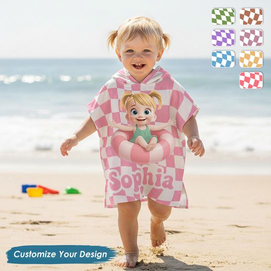 Discover Personalized Kids Hooded Towel, Custom Summer Towel, Summer Checkboard Hooded Towel, Pool Towel, Summer Gift For Kid Daughter Son