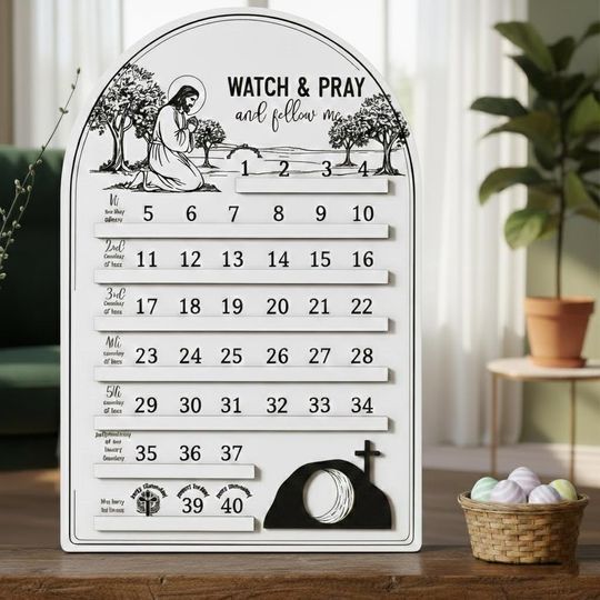 Discover Catholic Lent Countdown Calendar, 40 Days of Sacrifice Wooden Tracker, Religious Easter Preparation for Families, Faith-Based Easter Decor