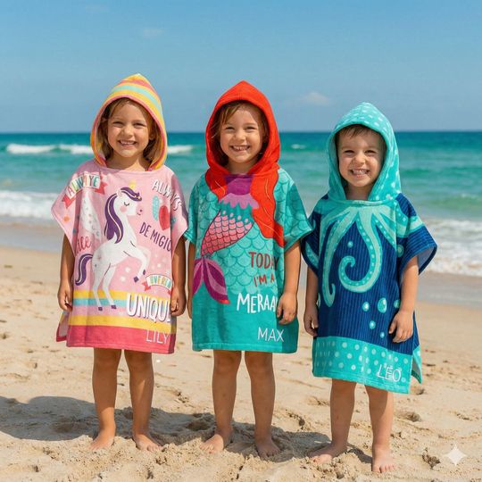 Personalised Kids Hooded Towel, Custom Swimming Poncho, Toddler Beach Robe, Childrens Swim Towel, Girls Boys Holiday Gift