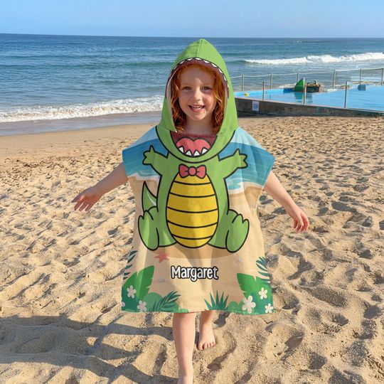 T Rex Dinosaur On The Beach Personalized Kid Hooded Towel, Kid Beach Towel,  Dinosaur Birthday Gift Boy, Grandson Pool Present, Gift For Son