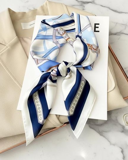 Discover Blue & White Nautical Hair Scarf 70x70cm, Square Silk Hair Scarf, Elegant Head Scarf for Women