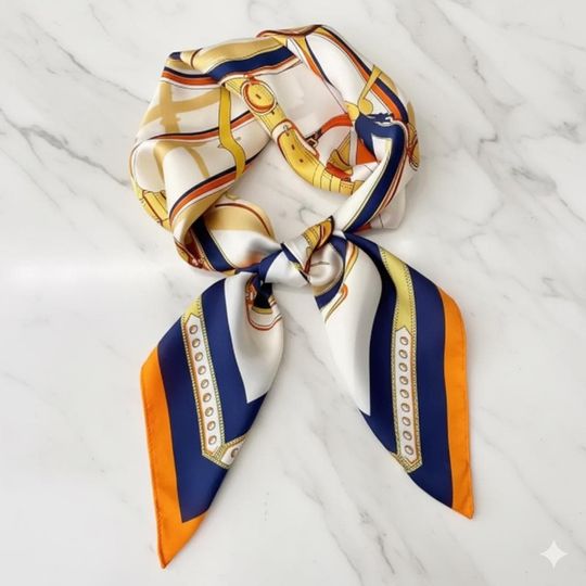 Discover Luxury Silk Square Scarf 70cm Chain Print Satin Navy Orange Hijab Hair Scarf