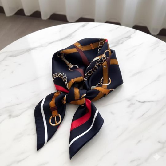 Discover Luxury Silk Hair Scarf Chain Print Satin Neckerchief for Women Head Scarf Bag Ribbon