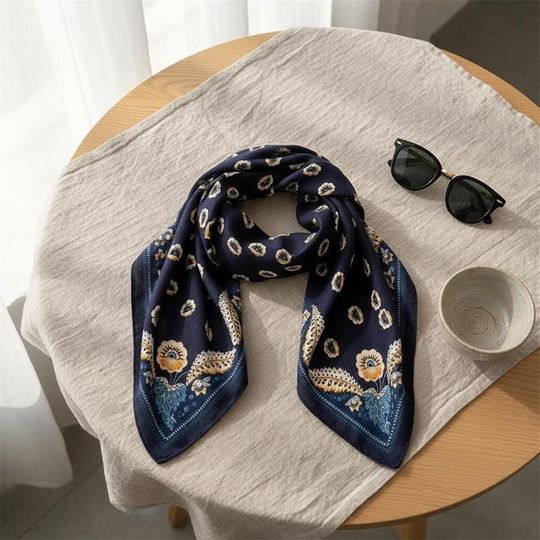 Discover Navy Floral Satin Square Scarf: Vintage Print Lightweight Head Scarf