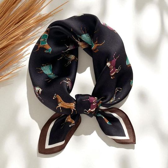 Discover Mulberry Silk Scarf: Horse Print Bandana, Elegant Women's Neckerchief