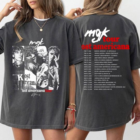 Discover MGK Lost Americana Tour 2026 Shirt, Machine Gun Kelly Europe, NZ Tour Tee, MGK Concert Merch, Retro Music Fan Gift, Comfort Colors Shirt