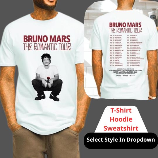 Discover Bruno Mars The Romantic Tour 2026 Shirt, Retro Concert Tour Tee, Music Fan Gift, Front Back Tour Dates T-Shirt, Unisex Pop Graphic Tee