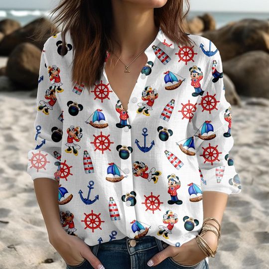 Discover Mickey And Friends Cruise Timeline Destiny Blouse Shirt, Mickey Cruise Women Shirt, Disney Cruise Linen-Look Shirt, Summer Gift For Her