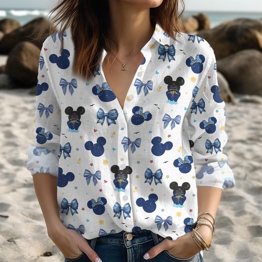 Discover Disney Cruise Blouse Shirt, Mickey Minnie Pluto Goofy Donald Daisy Cruise Time Line Destiny Women's Casual Shirt, Mickey Button Shirt
