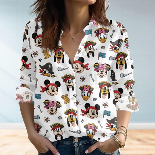 Discover Mickey And Friends Pirate Blouse Shirt, Vintage Disney Pirate Women Shirt, Minnie Goofy Donald Casual Shirt, Disney Cruise 2026 Shirt