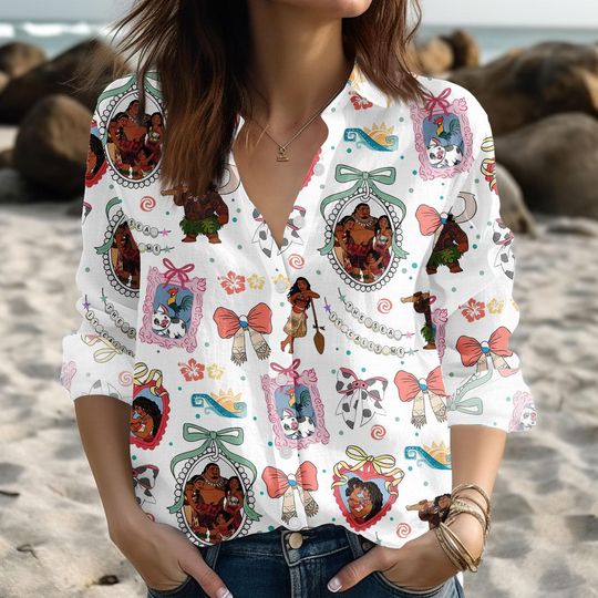 Disney Moana Coquette Bows Satin Blouse Shirt, Maui Moana Hei Hei Pua Women Shirt, Disney Girl Linen-Look Shirt, Princess Summer Shirt