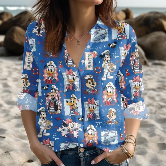 Discover Disney Nautical Blouse Shirt, Mickey Minnie Donald Characters Women Shirt, Disney Cruise Linen-Look Shirt, Summer Shirt, Gifts For Her