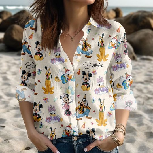 Discover Disney Mickey And Friends Birthday Blouse Shirt, Mickey Minnie Donald Daisy Goofy Pluto Women Shirt, Disneyland, Disneyworld Shirt