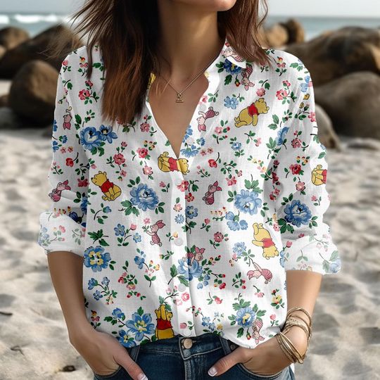 Winnie The Pooh Blouse Shirt, Disney Pooh And Friends Women Shirt, Eeyore Piglet Tigger Linen-Look Shirt, Summer Shirt,Disneyland Shirt
