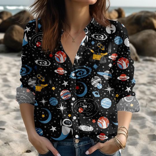 Discover Disney Wall E and Eve In Space Blouse Shirt,  Disney Pixar Fest Women Shirt, Disney Pixar Linen-Look Shirt, Disneyland, Disney World