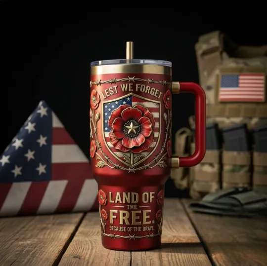 American Veteran Lest We Forget Poppy Flower 40 oz Tumbler ( Black HANDLE )