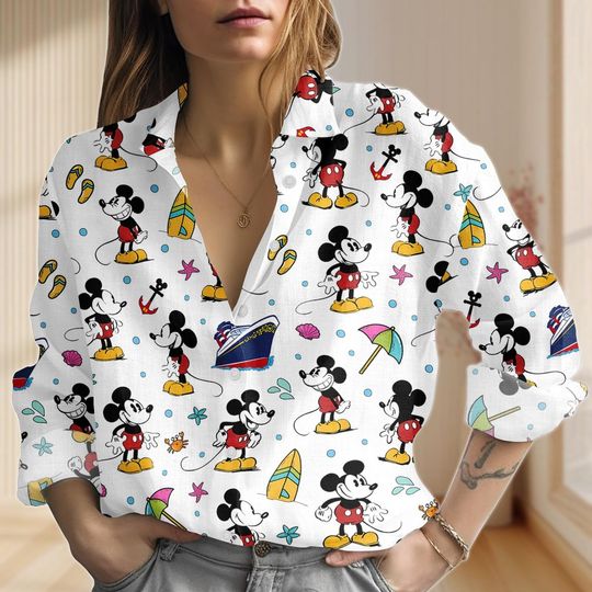 Discover Mickey Mouse Cruise Linen-Look Shirt, Mickey Pirates Women Shirt, Disney Cruise 2026 Blouse Shirt, WDW Cruise Family Casual Shirt
