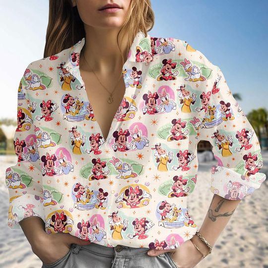 Discover Mickey Mouse Blouse Shirt, Disney Linen-look Shirt, Cartoon Characters Button Down Blouse, Kids Vacation Shirt, Family Gift