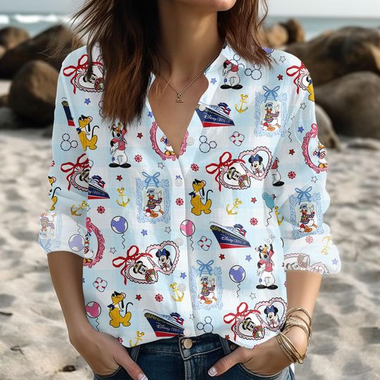Discover Disney Cruise Line Linen-Look Shirt, Mickey Minnie Donald Pluto Button Up, Nautical Beach Vacation Top, Summer Family Cruise Blouse Shi