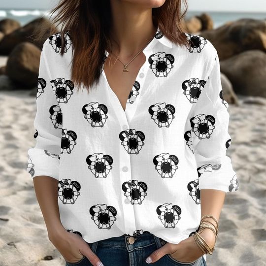 Discover Mickey Minnie Cruise Linen Look Shirt, Disney Cartoon Mouse Button Down, Summer Vacation Blouse Shirt, Beach Trip Top, Magic Kingdom Te