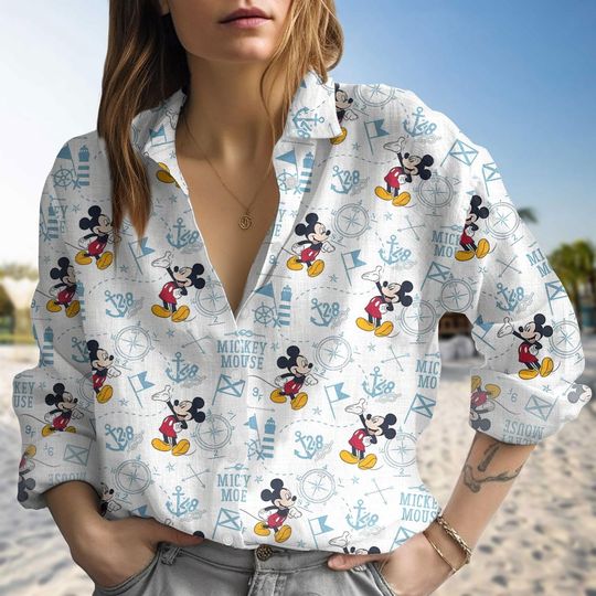 Discover Disney Mickey Cruise Blouse Shirt, Mickey Mouse Linen-look Shirt, Disney Boat Trip Blouse Shirt, Summer Cruise Button Shirt for Women