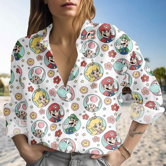 Retro Super Mario Blouse Women Shirt, Mario and Friends Movie Shirts, Super Mario Party Casual Shirt, Mario Peach Yoshi Movie Shirt