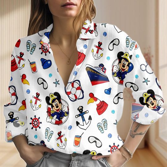 Discover Mickey Captain Cruise Linen-Look Shirt, Disney Cruise 2026 Women Shirt, Disney Cruise Trip Blouse Shirt, Matching Cruise Family Shirt