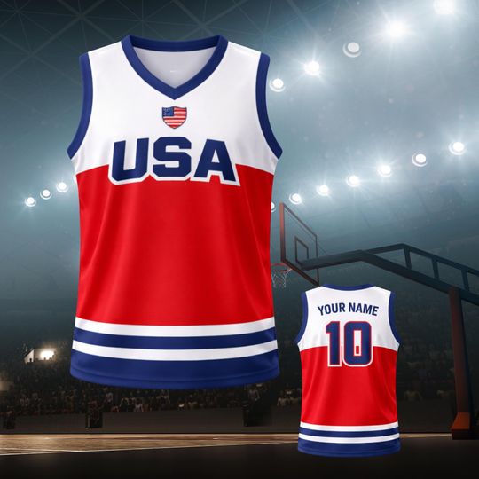 Discover USA V Neck Basketball Tank Top, Breathable Mesh All Over Print Sleeveless Jersey, Custom Name Number, Adult S-5XL Kids Toddler Youth XS-XL