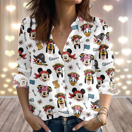 Discover Mickey & Friends Pirate Linen-Look Shirt, Vintage Disney Pirate Women Shirt, Minnie Goofy Donald Blouse Shirt, Disney Cruise 2026 Shirt