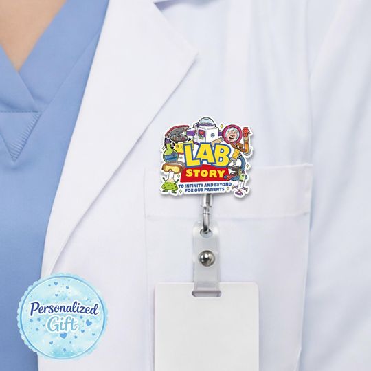 Discover Lab Story Lab Week 2026 Badge Reel, Medical Laboratory Professional Gift, Retractable ID Holder for Lab Techs, Fun Lab Accessory OIOM16-01
